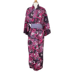 MIDORI Yukata Japanese Kimono Robe Floral Butterfly Print Plum Magenta Size M